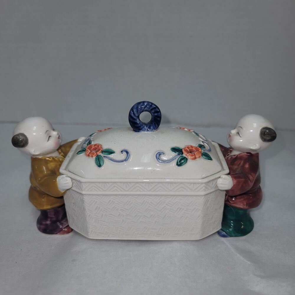 Takahashi San Francisco Japanese Figures Holding Signed Porcelain Box Incense